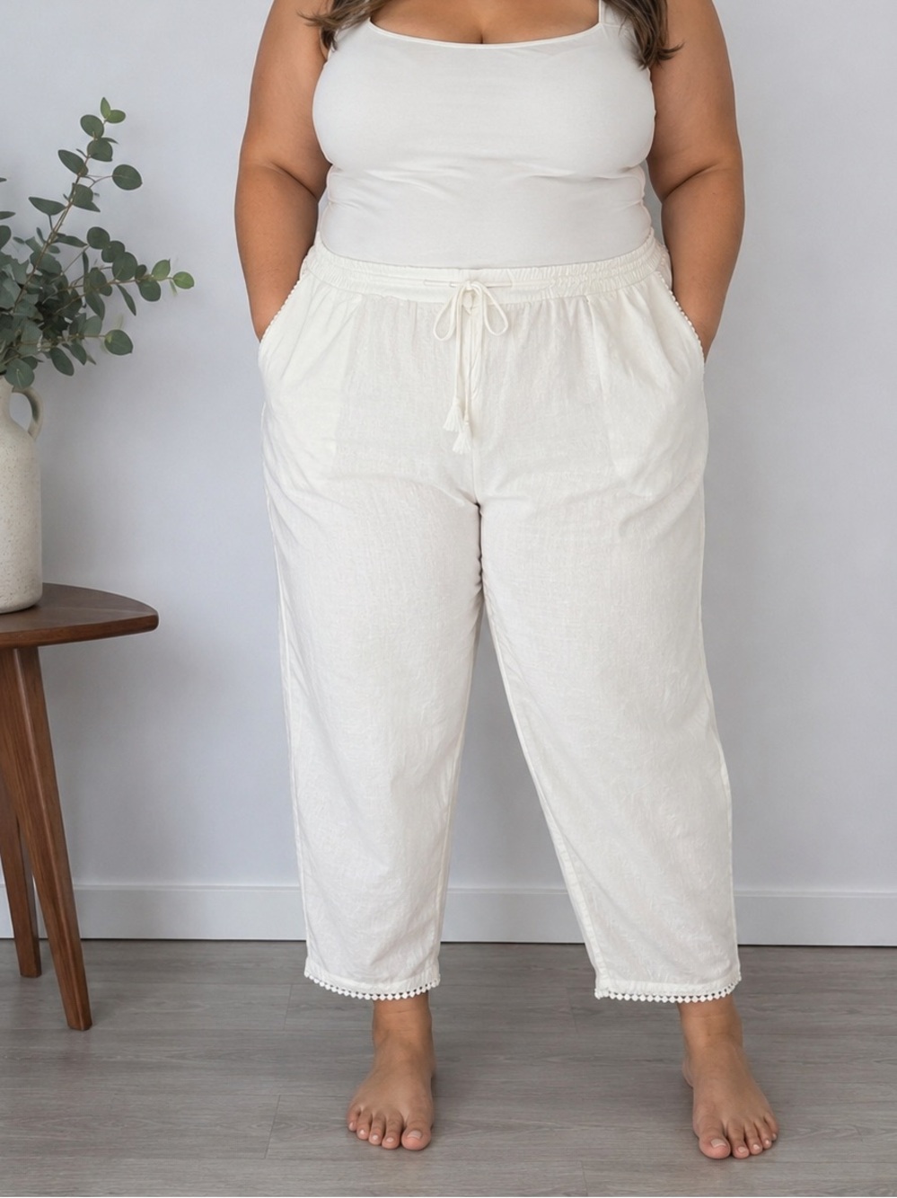 NWT Talbots White Linen Pants w/ Pockets Pull On Drawstring Waist 24W Resortwear